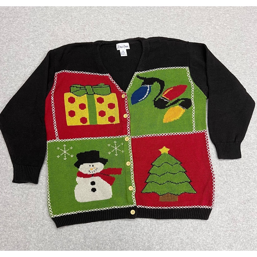 Vintage Christmas Cardigan Sweater Womens Large Button Front Color Block Snowman